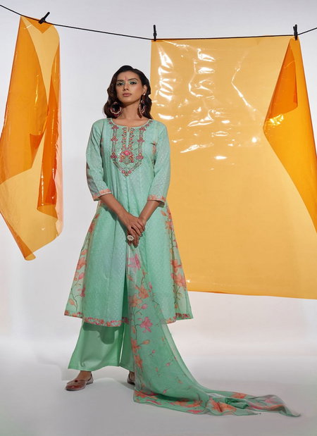 TEW Mint Green Colour Cotton Digital Print With Embroidery And Khatli Work Kurti With Bottom Dupatta Work Wholesale Suppliers In Mumbai